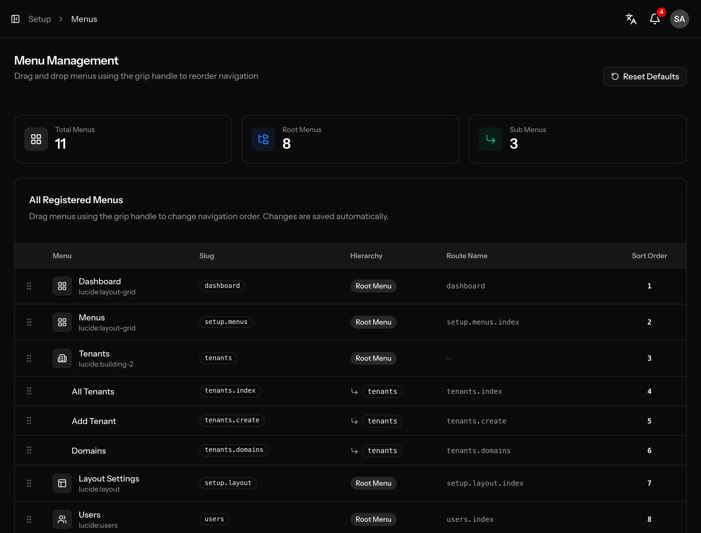 Database-driven menus: screenshot from the Vue kit