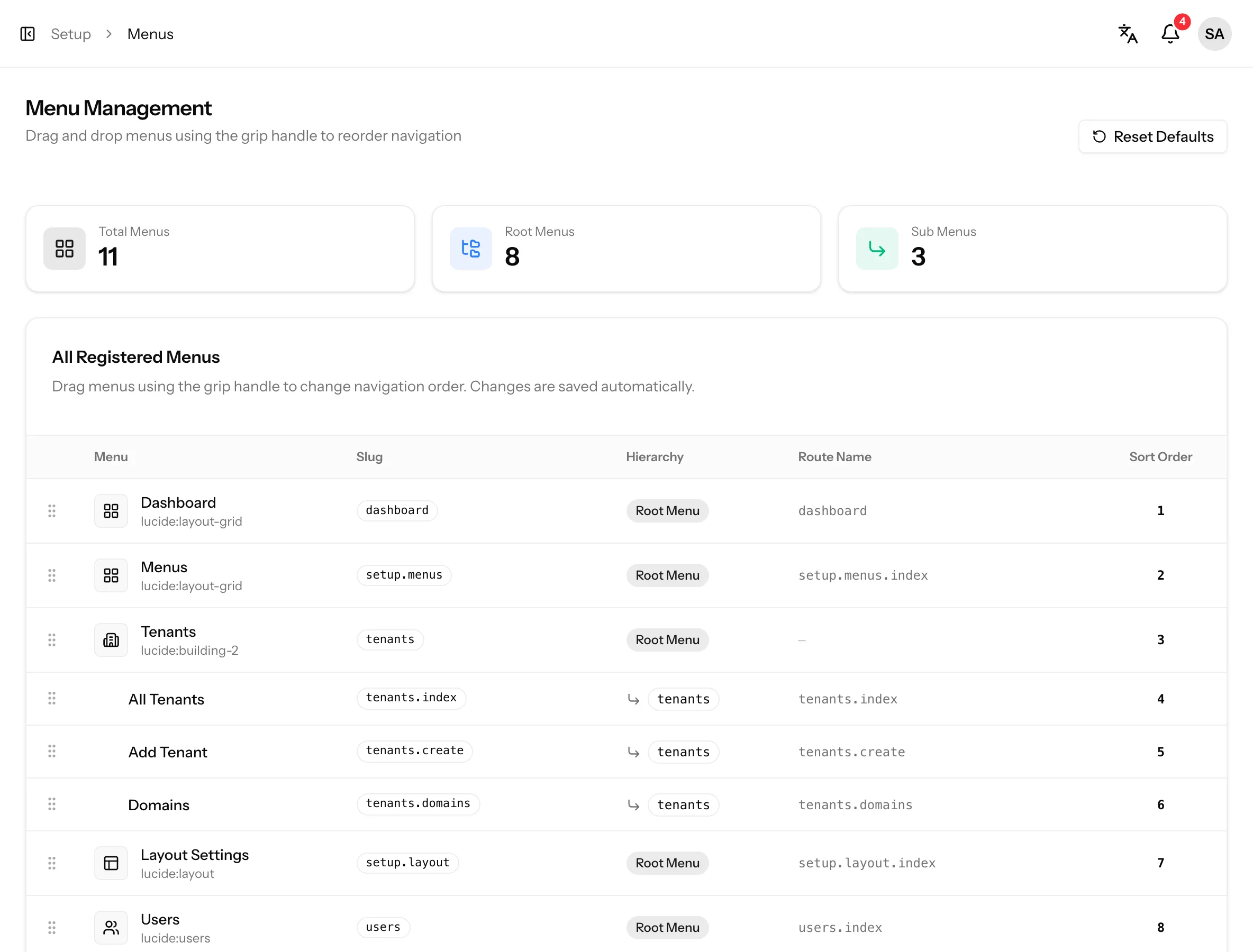 Database-driven menus: screenshot from the Vue kit
