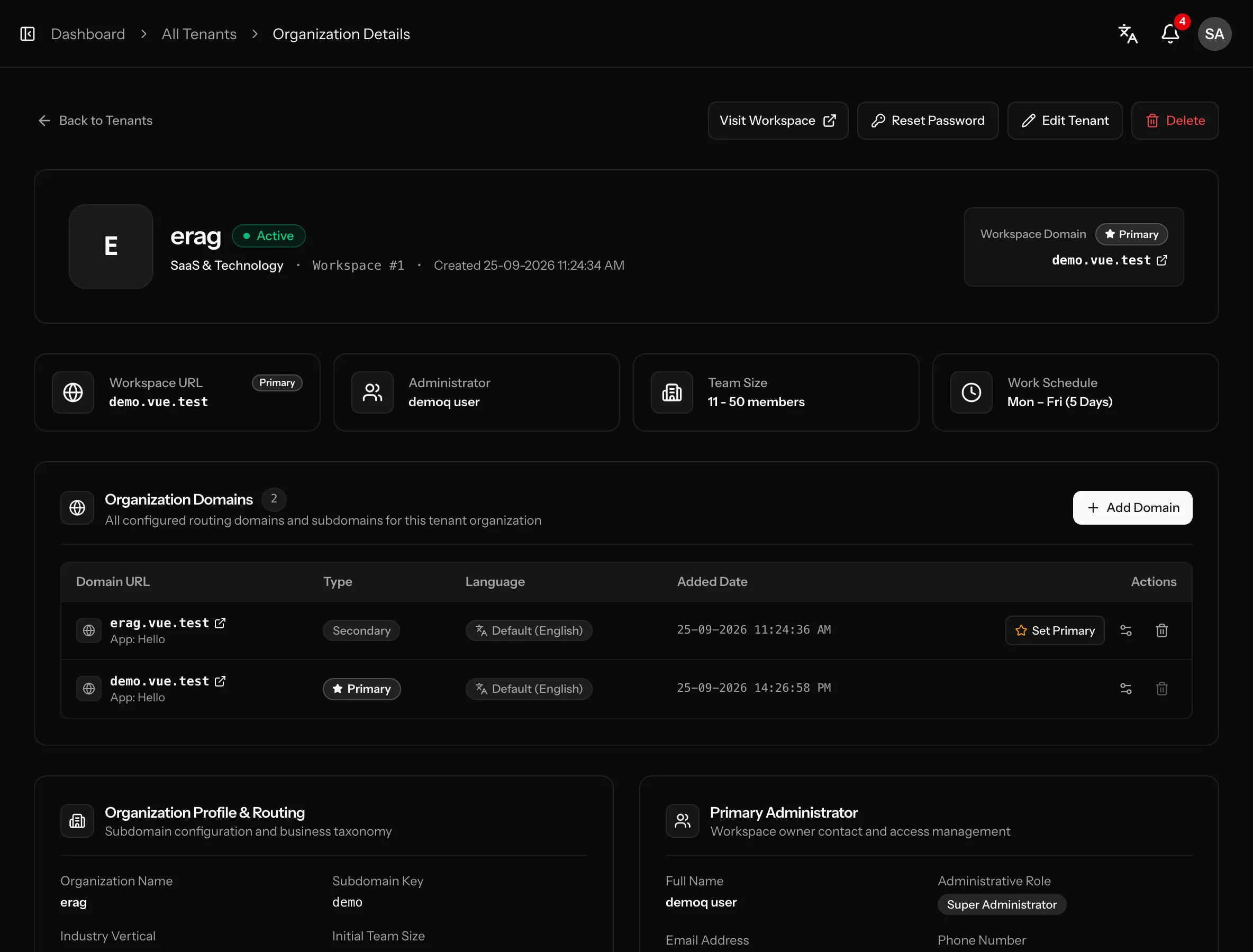 A separate database for every tenant: screenshot from the Vue kit